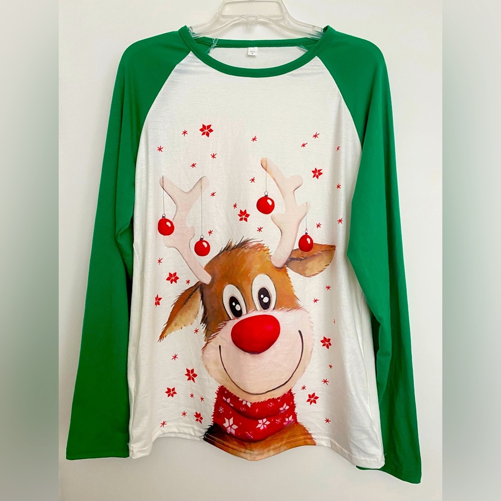 Red, White, Green Rudolph Reindeer Long Sleeve Christmas Shirt Unisex sz Med/Lg